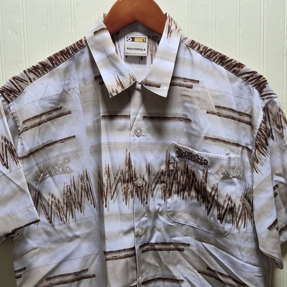 Southpole Shirt Mens Large Beige Brown Stripe Short Sleeve Button Front Casual